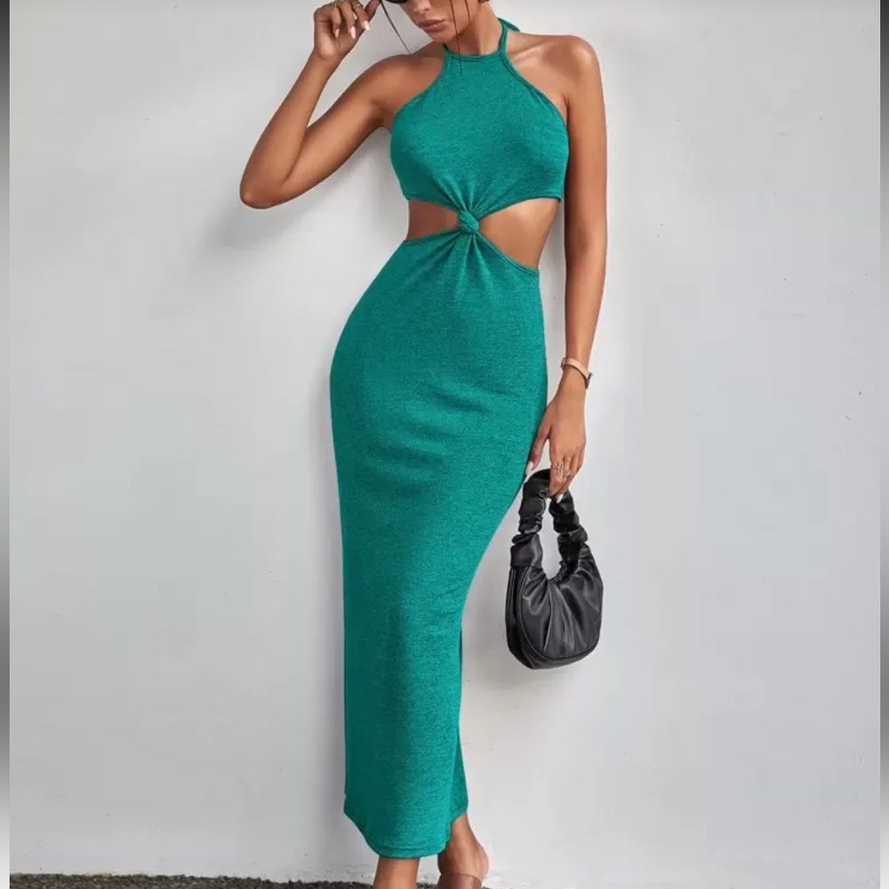 Chic Teal Cutout Midi Halter Dress